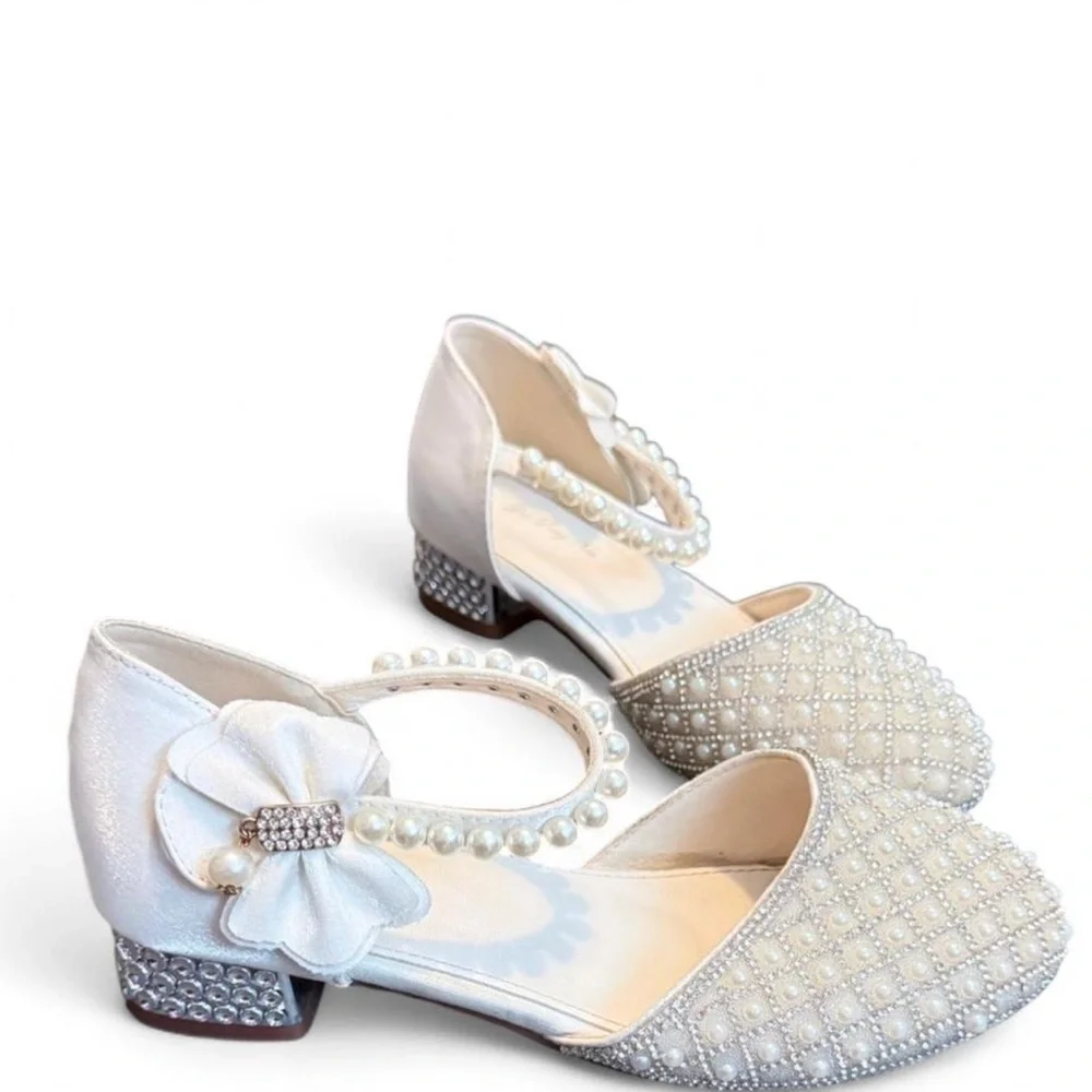 Girl Size 36 Ivory White pearl embellished kitten heels wedding flower‎ girl